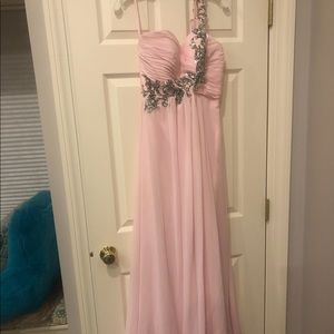One-shoulder pink long prom dress